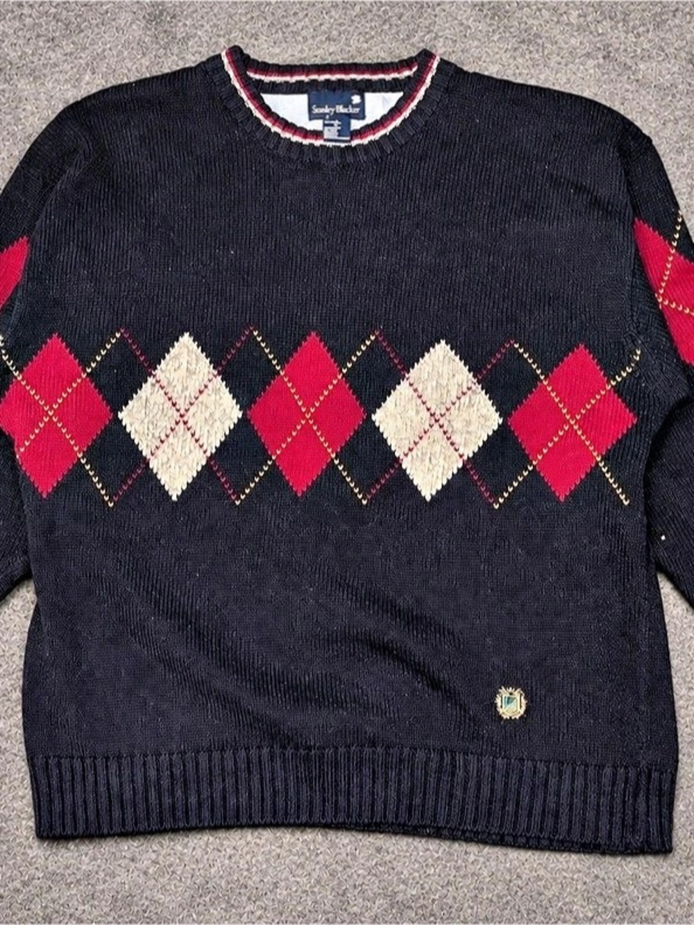 Navy Blue Men's Cotton Argyle Crewneck Size Medium- Stanley Blacker
